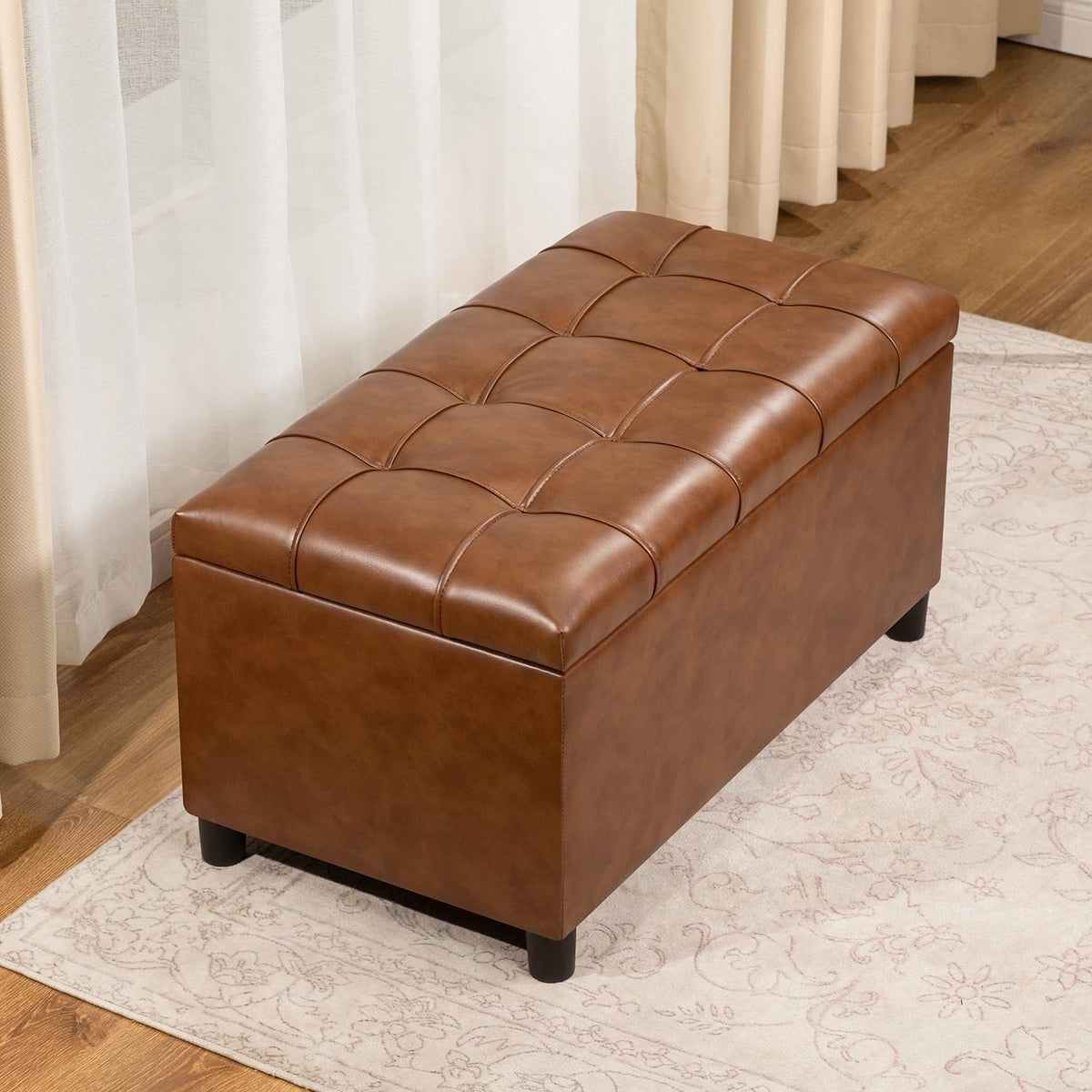 Asense Storage Ottoman Bench,Faux Leather Upholstered Ottoman with Storage,End of Bed Bench with Safety Hinge,for Entryway,Bedroom,Living Room