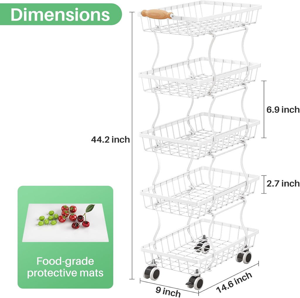 SAYZH 5-Tier Fruit Basket Stand with Vegetable Baskets for Kitchen, White | Stackable Metal Wire Basket, Sturdy Rolling Storage Carts for Kitchen, Pantry Organizer, Snack and Jar Storage
