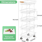 SAYZH 5-Tier Fruit Basket Stand with Vegetable Baskets for Kitchen, White | Stackable Metal Wire Basket, Sturdy Rolling Storage Carts for Kitchen, Pantry Organizer, Snack and Jar Storage