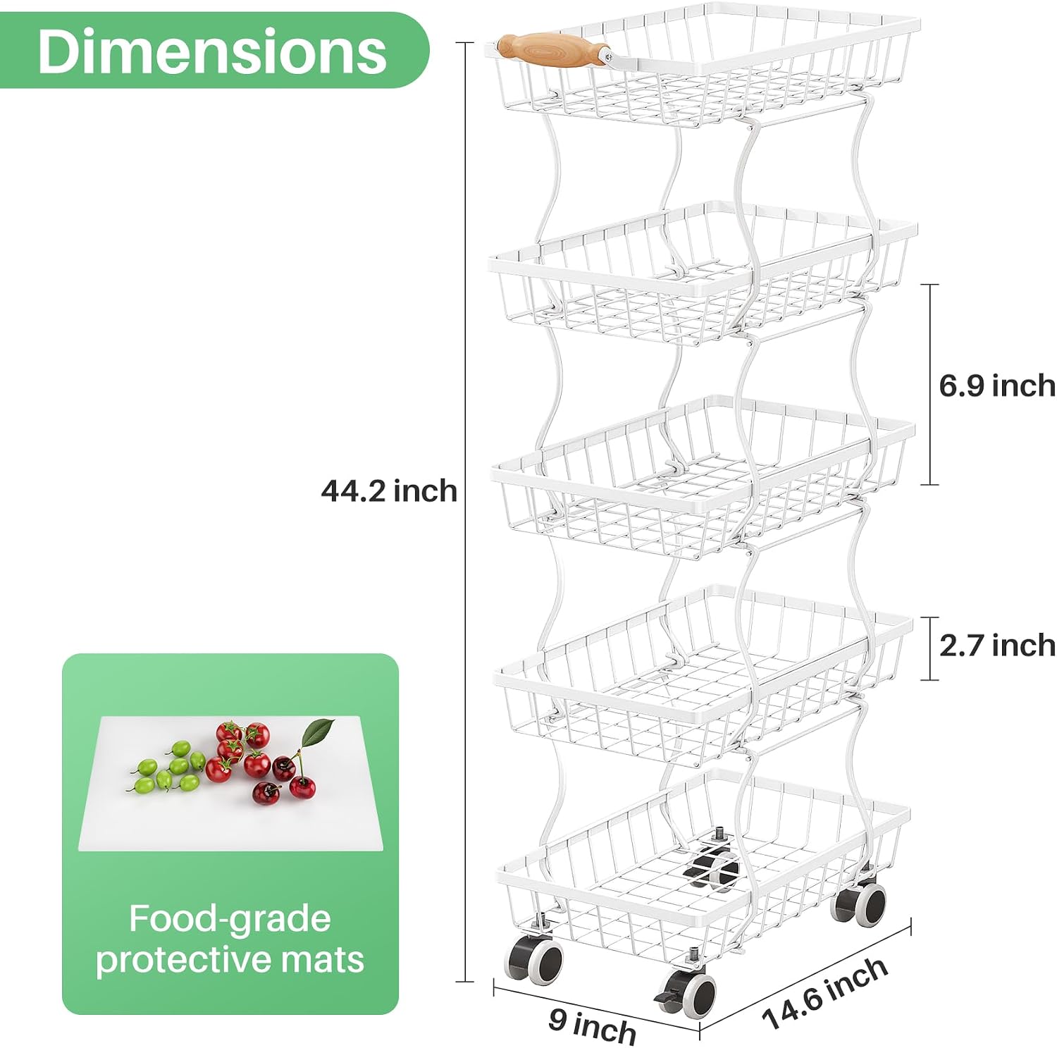 SAYZH 5-Tier Fruit Basket Stand with Vegetable Baskets for Kitchen, White | Stackable Metal Wire Basket, Sturdy Rolling Storage Carts for Kitchen, Pantry Organizer, Snack and Jar Storage