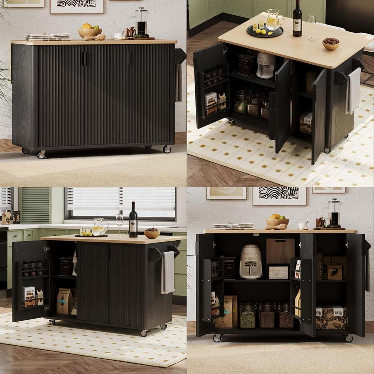 Kitchen Island with Drop Leaf with Drop Leaf Internal Storage Rack, Kitchen Island with Drop Leaf with Wheels Towel Rack， for Kitchen, Dining Room, Black