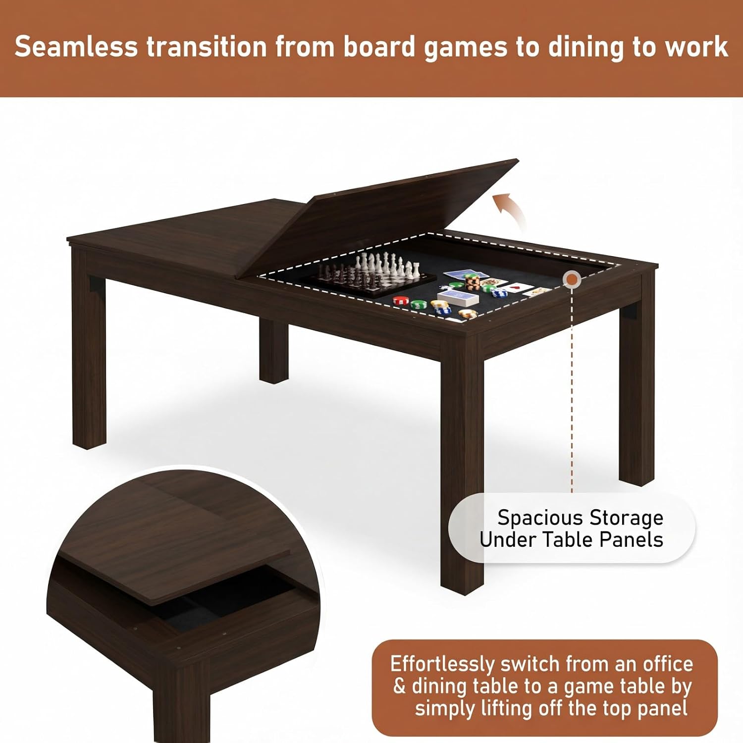 MOUMON 63” Board Game Table for 4-6 Players, Gaming & Dining Table with Removable Tabletop and Felt Pad for Poker Card, Dinner, 55” x 29” Play Area, Rectangular, Walnut, 63”W x 37.4”D x 29.7”H