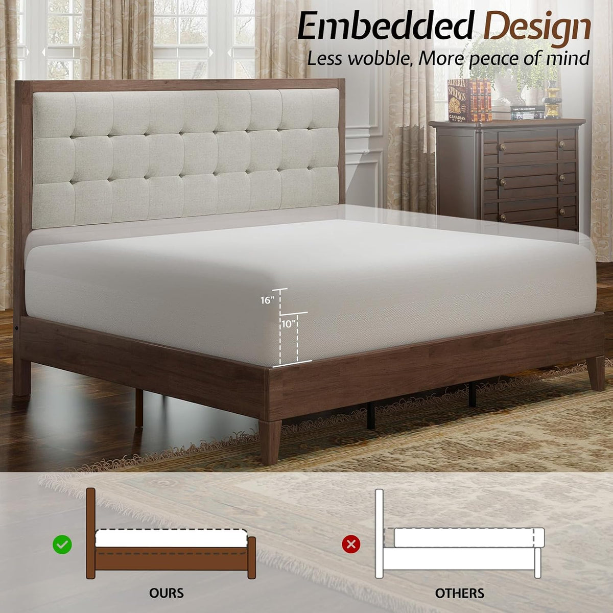 Jocisland Queen Bed Frame Solid Wood,50" Tall Upholstered Headboard,Walnut