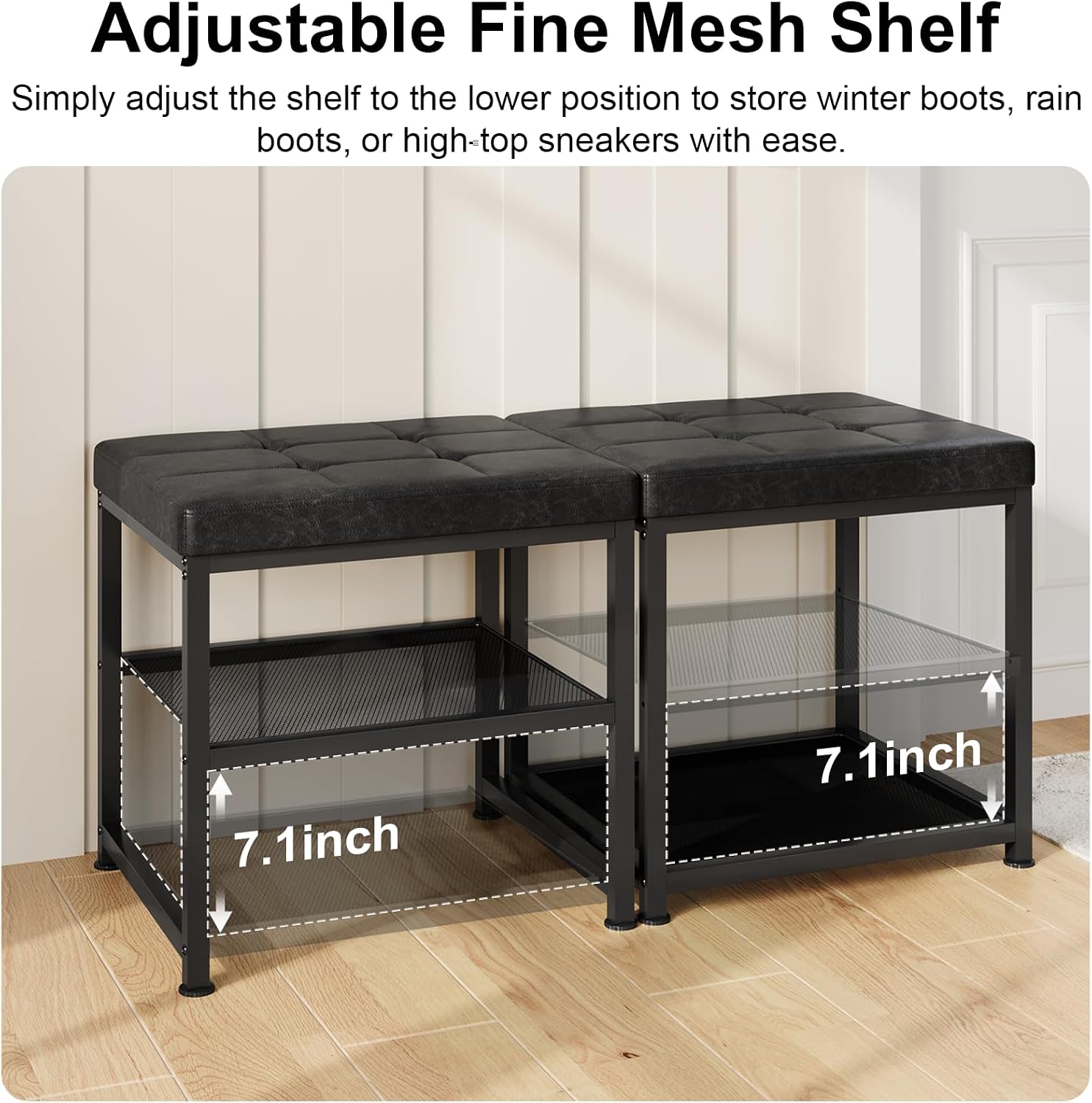 DreamDashio Set of 2 Small Shoe Storage Benches with PU Leather Cushion, 3-Tier Shoe Rack Organizer for Entryway, Metal Mesh Shelves, Holds Up to 300 lbs, Black (31.5"x11.4"x17.5")