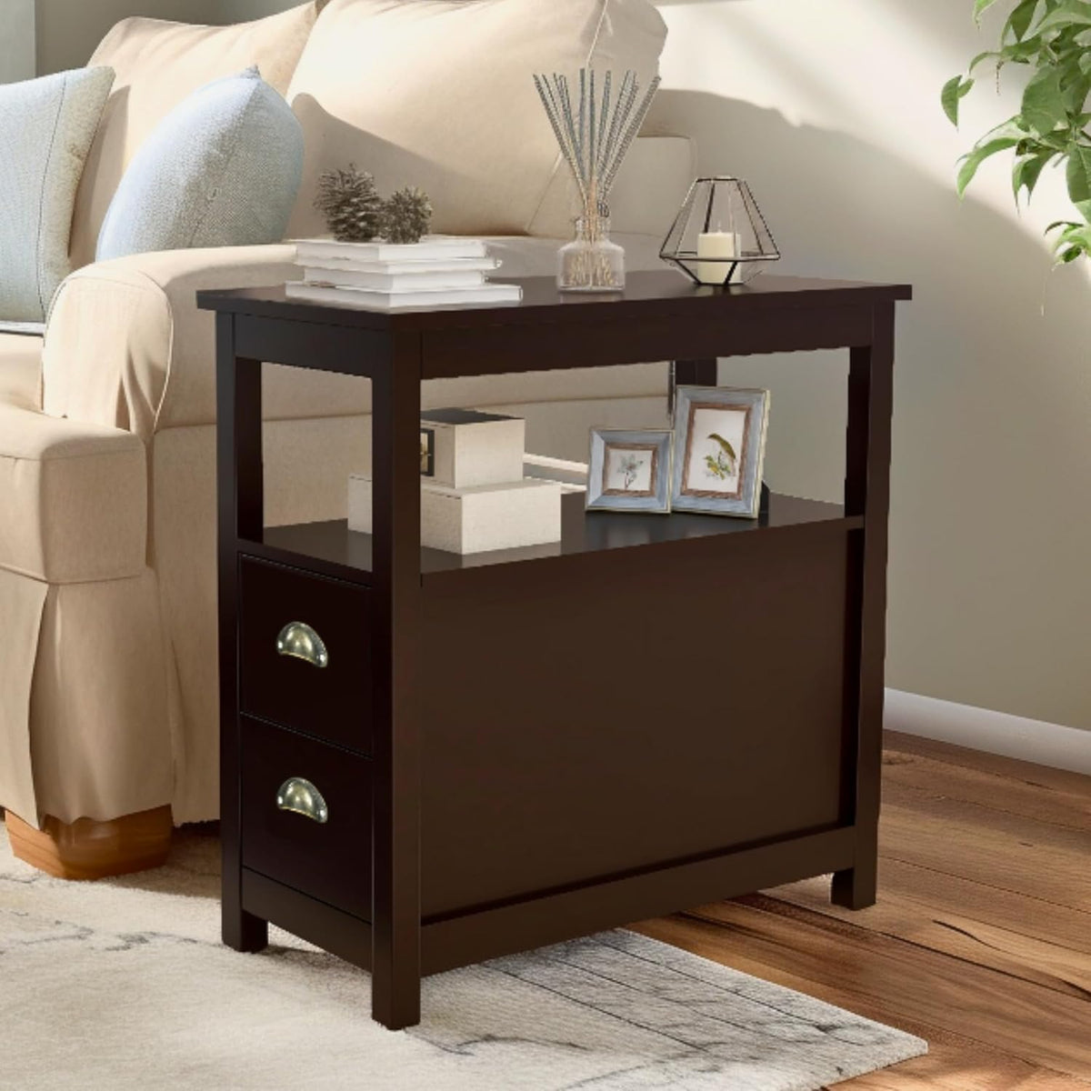Narrow End Table with Two Drawers & Open Shelf - Brown Nightstand/Side Table for Living Room, Bedroom
