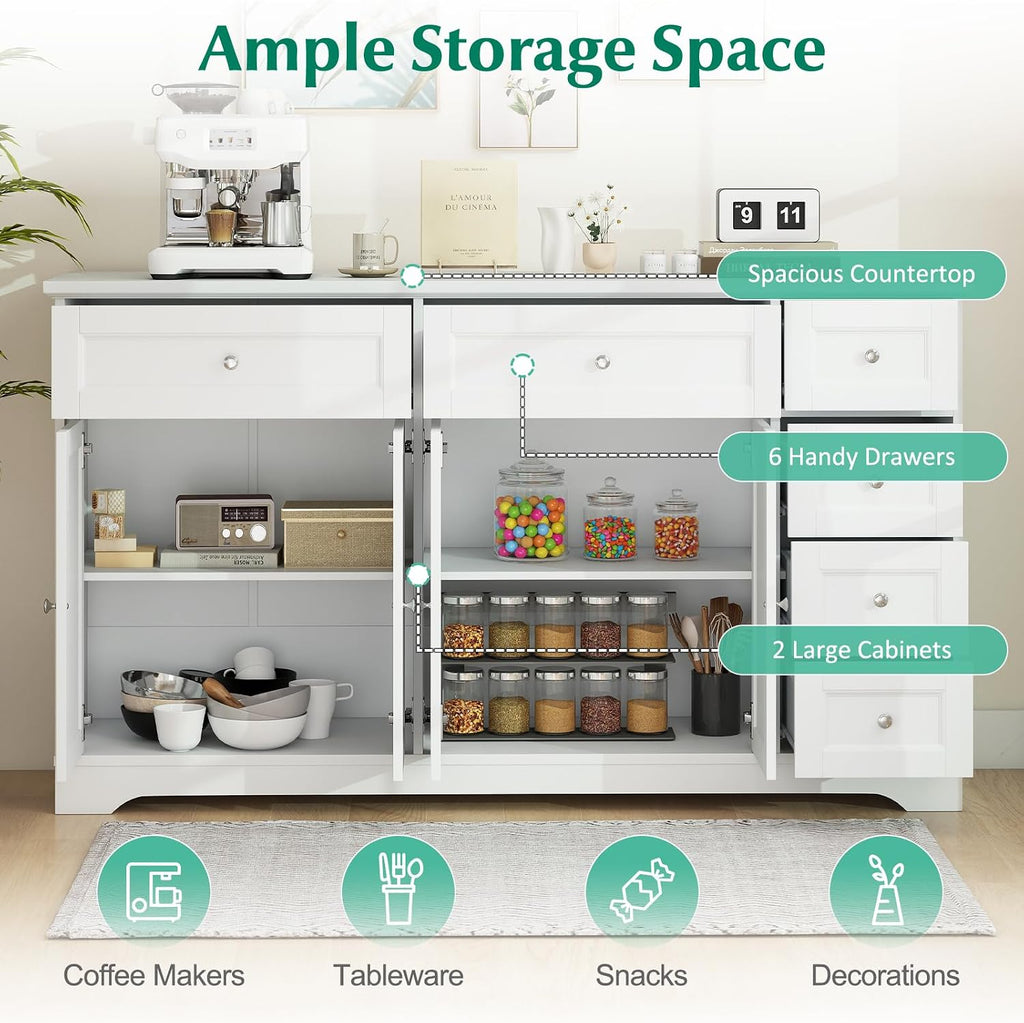 Giantex Large Buffet Cabinet with Storage, 59” Kitchen Cabinet with 4 Doors, 6 Drawers & 2 Adjustable Shelves, Modern Sideboard for Living Room, Coffee Bar, White