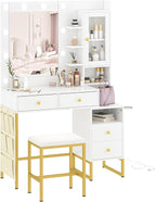 YIKEHOME Makeup Vanity Desk with Mirror Lights | LED Lights Power Outlet Vanity Table Set Large Drawers Charging Station Bedroom Dressing Room White