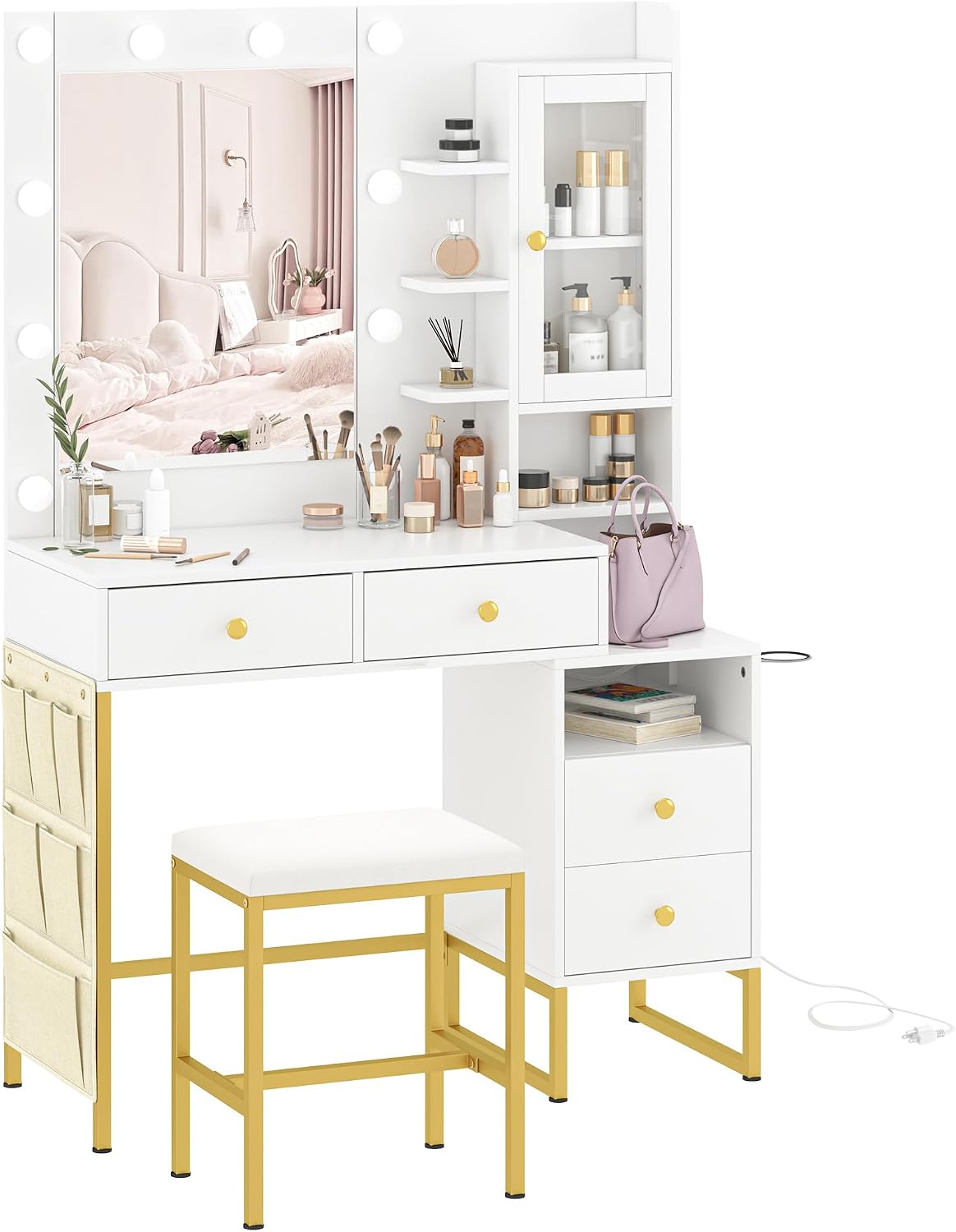 YIKEHOME Makeup Vanity Desk with Mirror Lights | LED Lights Power Outlet Vanity Table Set Large Drawers Charging Station Bedroom Dressing Room White