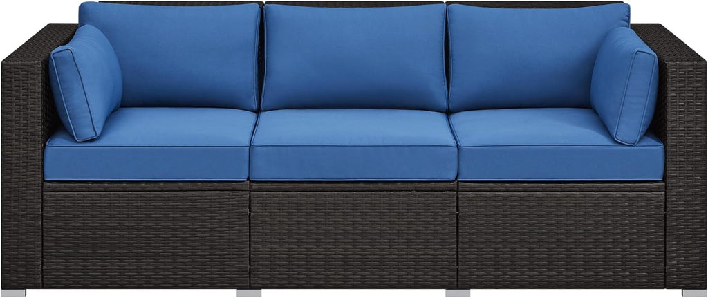 Yaheetech 3-Seat Patio Wicker Sofa, Outdoor Rattan Couch with Furniture Cover, Deep Seat High Back with Cushions & Throw Pillows for Deck/Porch/Balcony/Yard, Brown/Dark Blue
