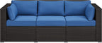 Yaheetech 3-Seat Patio Wicker Sofa, Outdoor Rattan Couch with Furniture Cover, Deep Seat High Back with Cushions & Throw Pillows for Deck/Porch/Balcony/Yard, Brown/Dark Blue