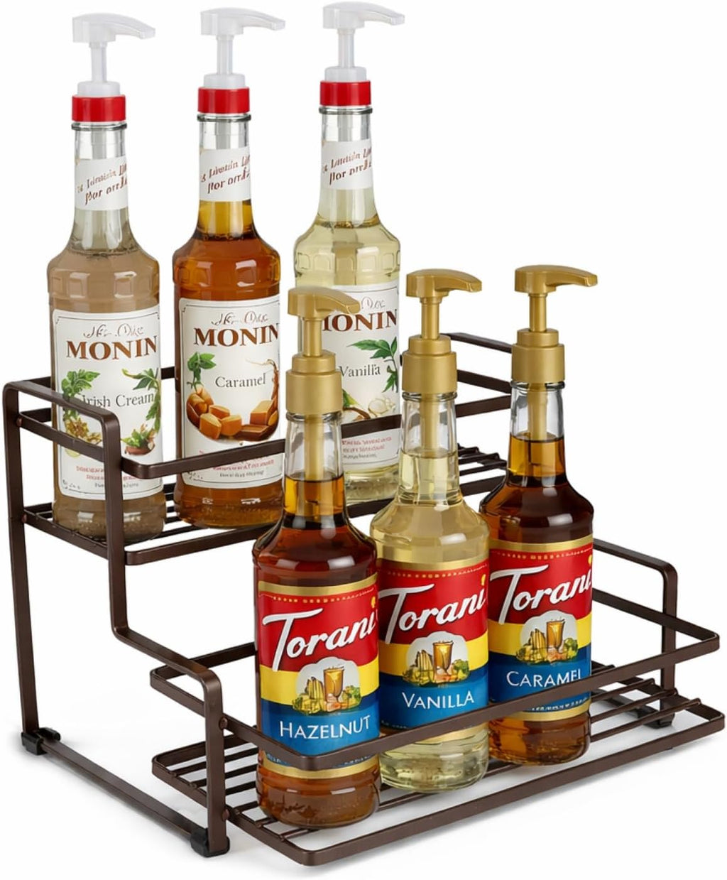 Coffee Syrup Organizer, 2-Tier Metal Syrup Rack, Liquor Bottle Display Shelf, Coffee Bar Accessories Decor, Kitchen Countertop Organizer for Syrups, Wine, Spice