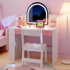 Teckid Kids Vanity Table and Chair Set with Lighted USB Mirror & Shelf | 3-mode USB lighted mirror with USB port. Open bookshelf. Small shelf below. Round corners. Stable stool. Easy to clean