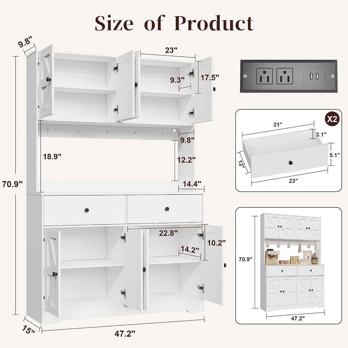 71" Kitchen Pantry Cabinet with Charging Station, Pantry Storage Cabinet Farmhouse Kitchen Hutch with Microwave Stand, Coffee Bar Station with Doors and Adjustable Shelves for Kitchen, White