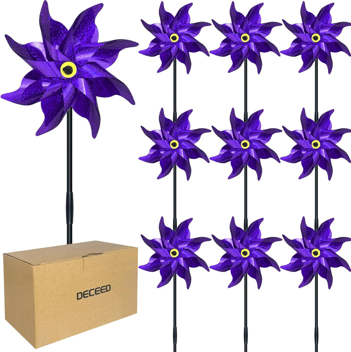 10 PCS Reflective Pinwheels for Yard and Garden Bird Devices Pre-Installed Sparkly Wind Spinner Deterrent to Scare Birds Away from Yard Patio Farm (Purple)
