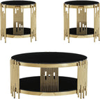 Round Glass Coffee Table Set of 3, Gold Living Room Table Set with Coffee Table and 2 End Table, 2-Tier Glass Table with Stainless Steel Legs and Black Tempered Glass for Living Room