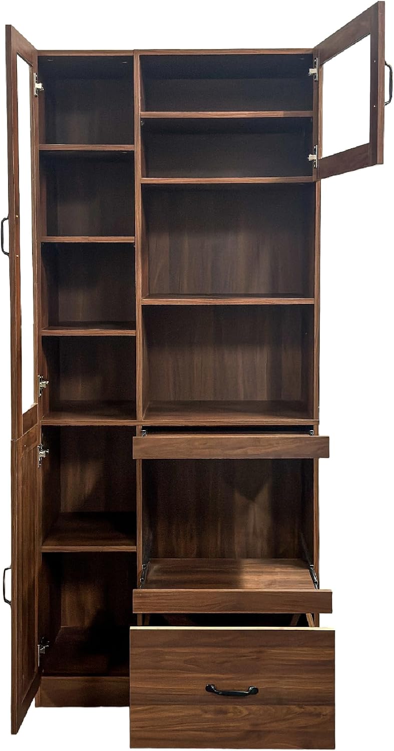 Walnut Kitchen Hutch Cabinet, Farmhouse Buffet Sideboard with Coffee Bar | Slide out tray, clear glass doors, open microwave counter, large bottom drawer, tall pantry cupboard, storage unit