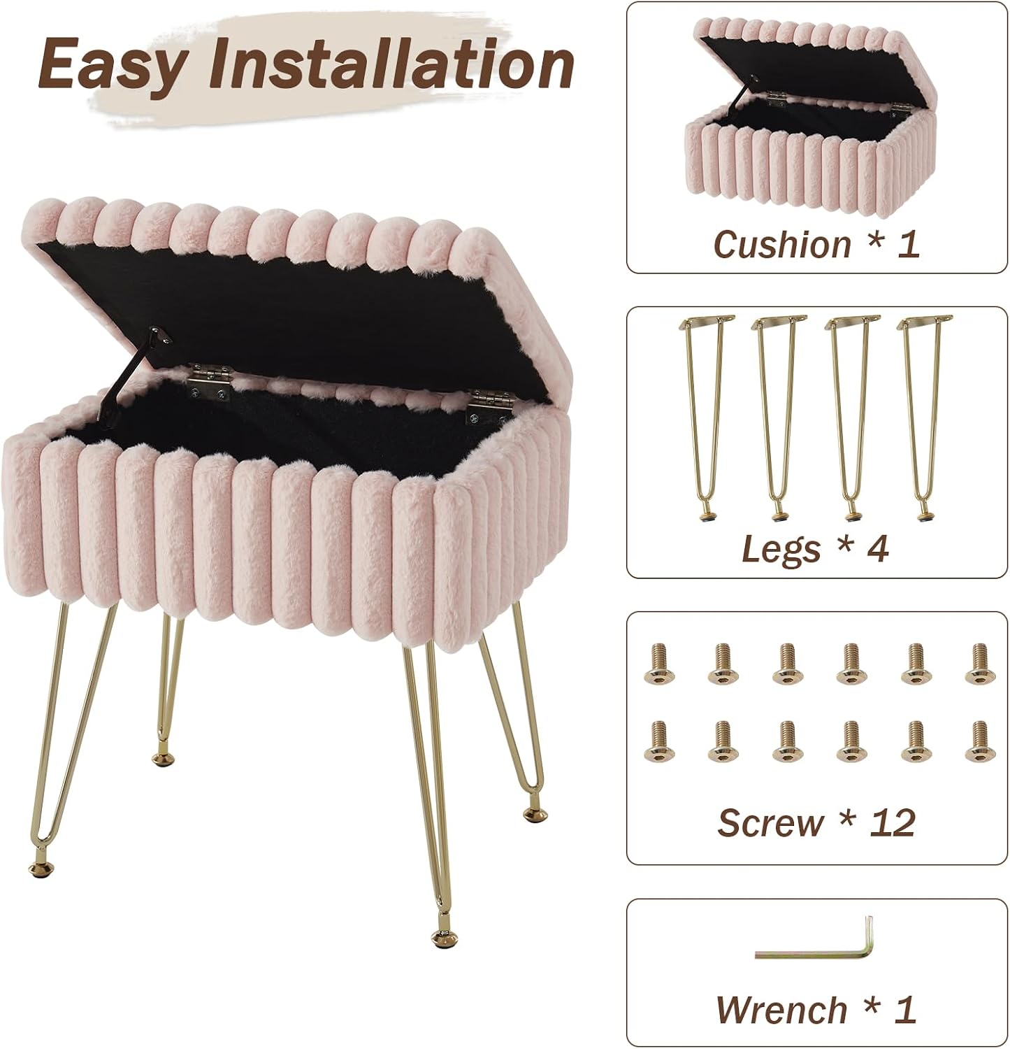 EBENCHICO Vanity Stool Chair with Storage, Faux Fur Stools for Vanity | Makeup Ottoman, Foot Stool, with 4 Metal Legs, Adjustable Feet, Small Vanity Bench, for Living Room Bedroom, Pink