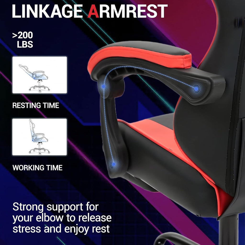 Gaming Chair with Footrest for Adults, PU Leather Massage Racing Video Game Chair w/Lumbar Support for Men Women, Ergonomic Computer Gamer Chair for Home Office, Height Adjustable, Red