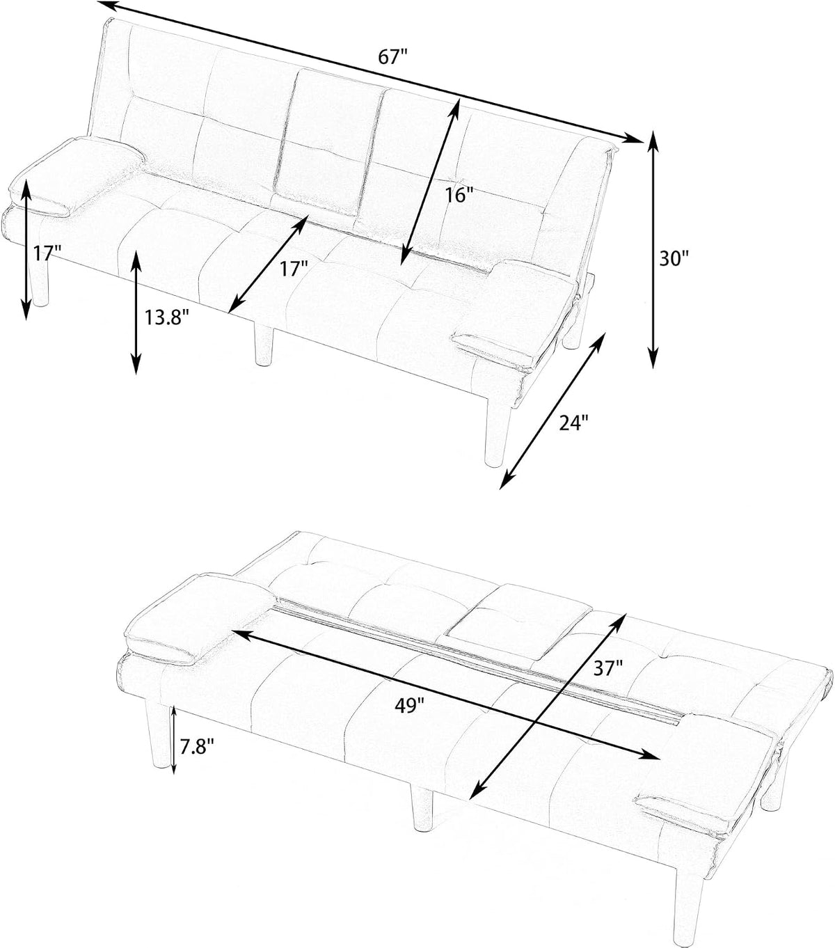 67"Modern Futon Sofa Bed,Convertible 3 in 1 Sleeper Bed Couches with Adjustable Backrest,Cup Holders,Comfy PU Leather Recliner Sofa Loveseat with Chrome Legs for Small Home Living Room (Black)