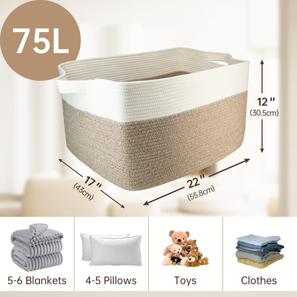75L Large Basket 22" x 17" x 12",Large Blanket Basket with Handle,woven Cotton Rope baskets for storage,Storage Baskets for Organizing