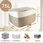 75L Large Basket 22" x 17" x 12",Large Blanket Basket with Handle,woven Cotton Rope baskets for storage,Storage Baskets for Organizing