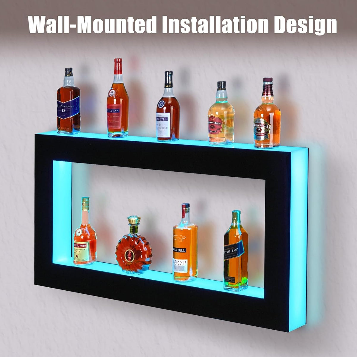 48 Inch LED Lighted Liquor Bottle Display Shelf, 2-Tier Acrylic Wall-Mounted Bar Rack with 16 RGB Lighting, 4 Modes, 1-8 Hour Timer, App & Remote Control, for Home Bar Wine and Liquor Storage