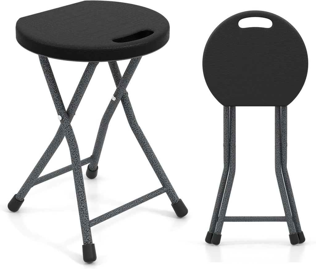 Giantex Folding Stool Set of 2, 18” Height Foldable Bar Stools, Portable Folding Chairs with Built-in Carry Handle, 330lbs Capacity, Indoor & Outdoor Round Stools for Camping RV Party Event (2, Black)