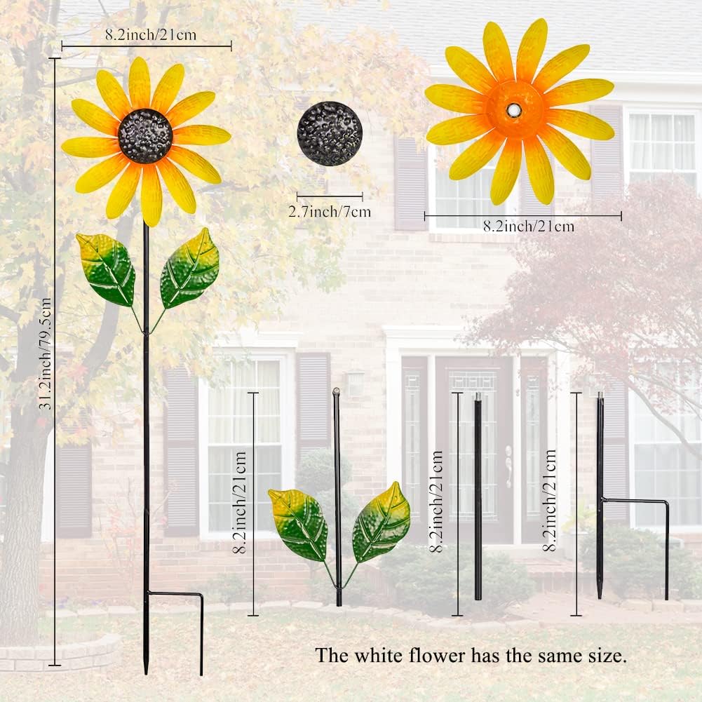 2Pack Garden Wind Spinners,Metal Wind Sculptures Outdoor Windmill Flower Pinwheel Decorations for Yard Lawn Patio Decor(Yellow and White)