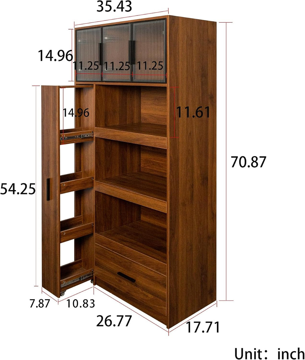 Tall Kitchen Pantry Cabinet with Microwave Stand, Walnut Coffee Bar Cabinet with Drawer, Pull-Out Storage Shelves and Aluminum Frame Glass Doors, Freestanding Food Hutch for Kitchen and Dining Room