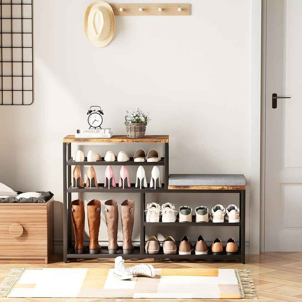 Shoe Rack,Freestanding Hidden Shoe Storage Organizer for Entryway, Shoe Bench Shelves for High Boot with Seat Cushion,Wood Shoe Rack Cabinet for Front Door Entrance Closet, Hallway, 5 Tier,Brown