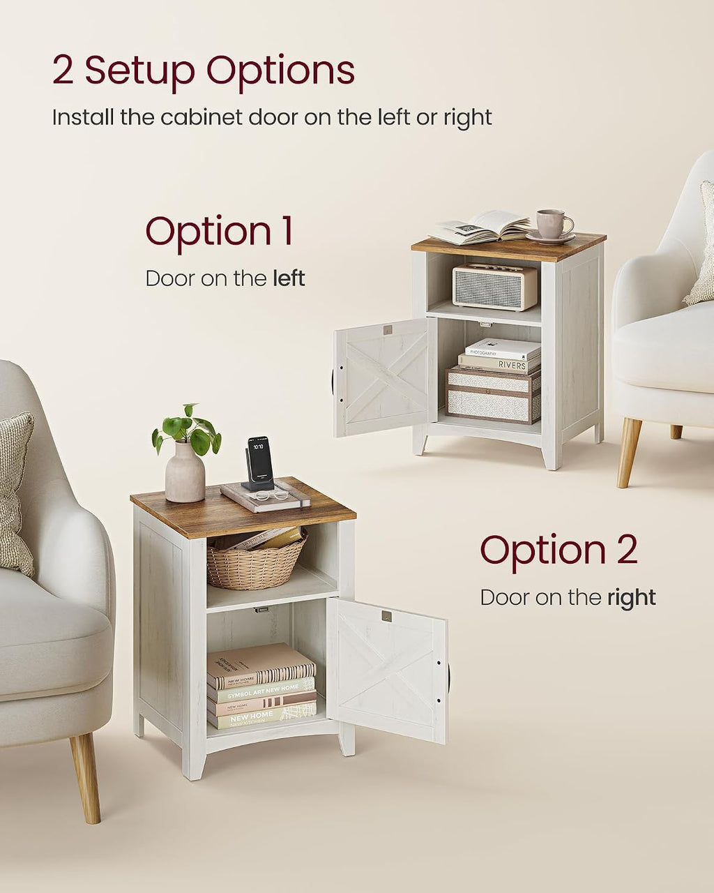 VASAGLE Nightstand Farmhouse Barn Door Bedside Table with Storage | Side End Table, Night Stand, Open Compartment, for Bedroom, Set of 2, Rustic White and Honey Brown, LIRY Collection