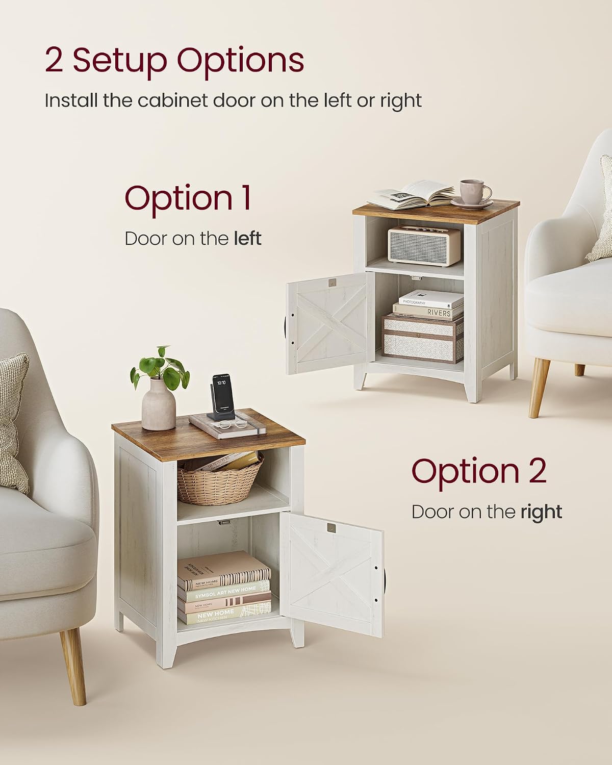 VASAGLE Nightstand Farmhouse Barn Door Bedside Table with Storage | Side End Table, Night Stand, Open Compartment, for Bedroom, Set of 2, Rustic White and Honey Brown, LIRY Collection