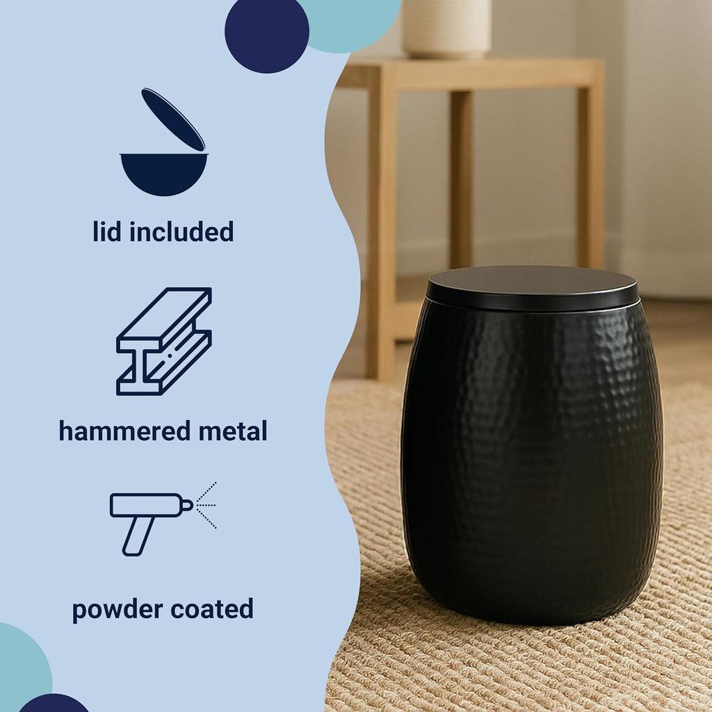 Eyely SSL2001A Estelle 15" Modern Rustic Hammered Metal Drum Storage Side Table with Lid, End Table for Decoration in Living Room, Bedroom, Bathroom, Matte Black
