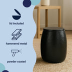 Eyely SSL2001A Estelle 15" Modern Rustic Hammered Metal Drum Storage Side Table with Lid, End Table for Decoration in Living Room, Bedroom, Bathroom, Matte Black