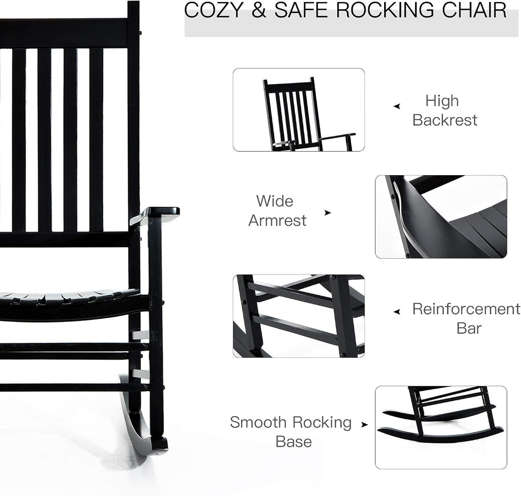 Outsunny Outdoor Rocking Chair High Density Wooden Rockers Black | Patio Rocking Chair, Smooth Curves, for Lawn Garden Porch, Supports Up to 350lbs