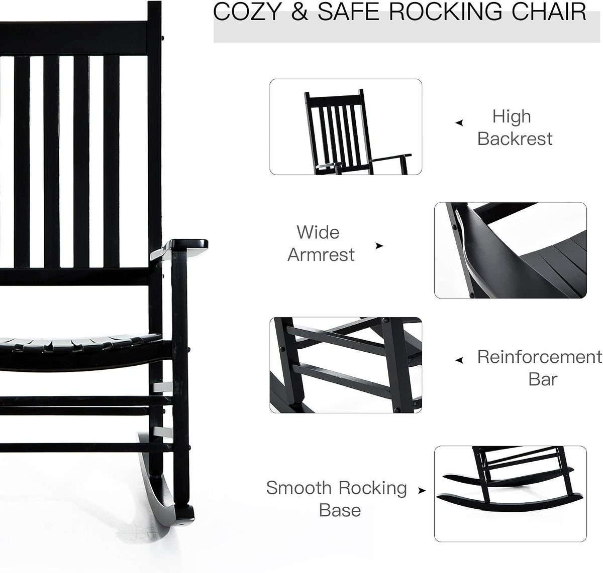 Outsunny Outdoor Rocking Chair High Density Wooden Rockers Black | Patio Rocking Chair, Smooth Curves, for Lawn Garden Porch, Supports Up to 350lbs