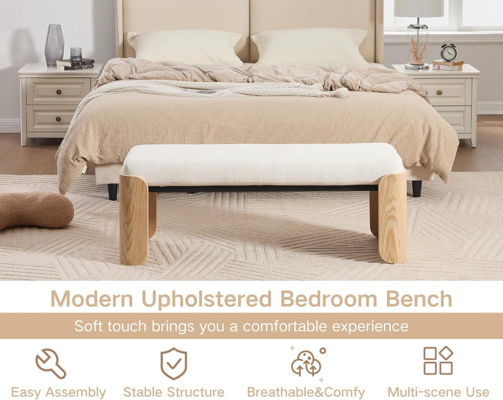 Shunzhi Modern Upholstered Entryway Bench for Bedroom 49” End of Bed Bench with Natural Wood Leg Window Ottoman Bench for Living Room/Bedroom/Hallway/Indoor, White Chenille