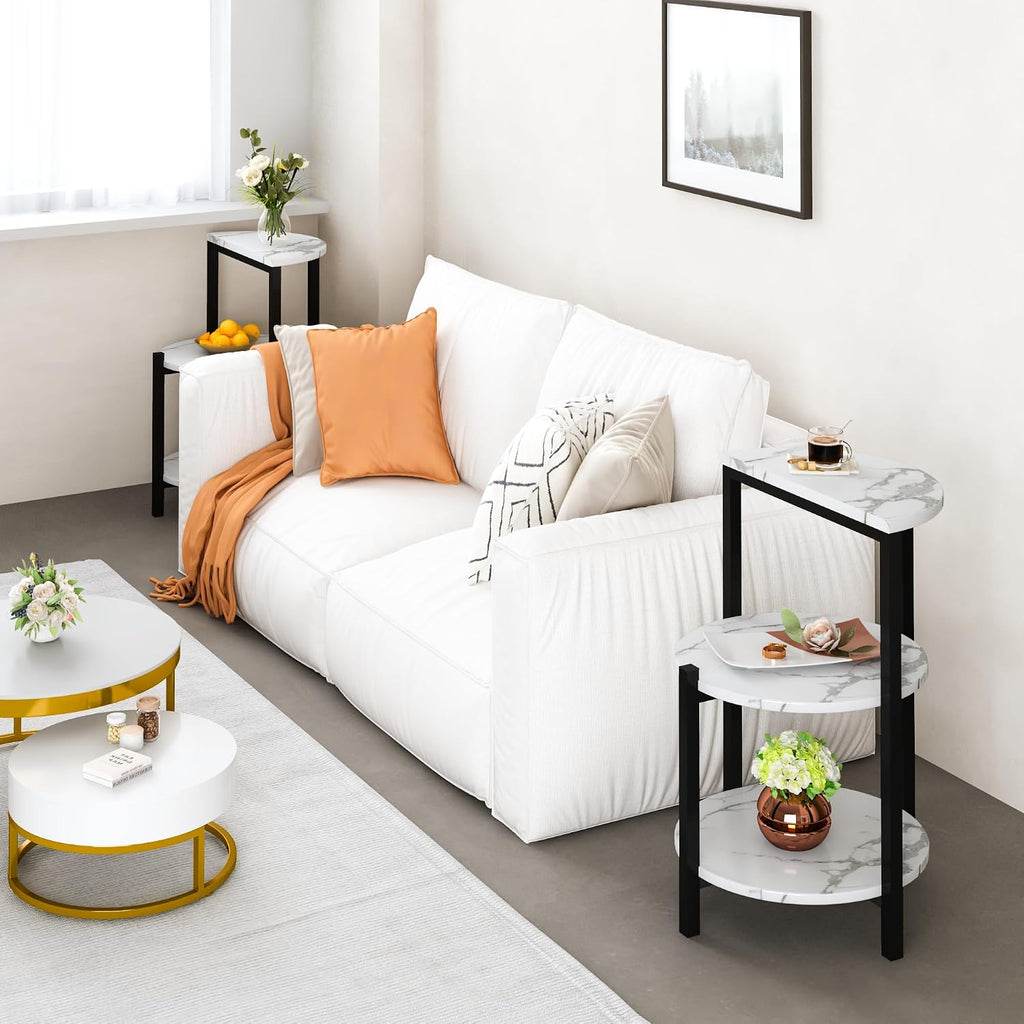 White and Black End Tables Set of 2, Round Marble Nightstand Set of 2 for Bedroom 3-Tier Marble Side Table Small Coffe Table with Metal Legs,Modern Sofa Table Accent Table for Living Room
