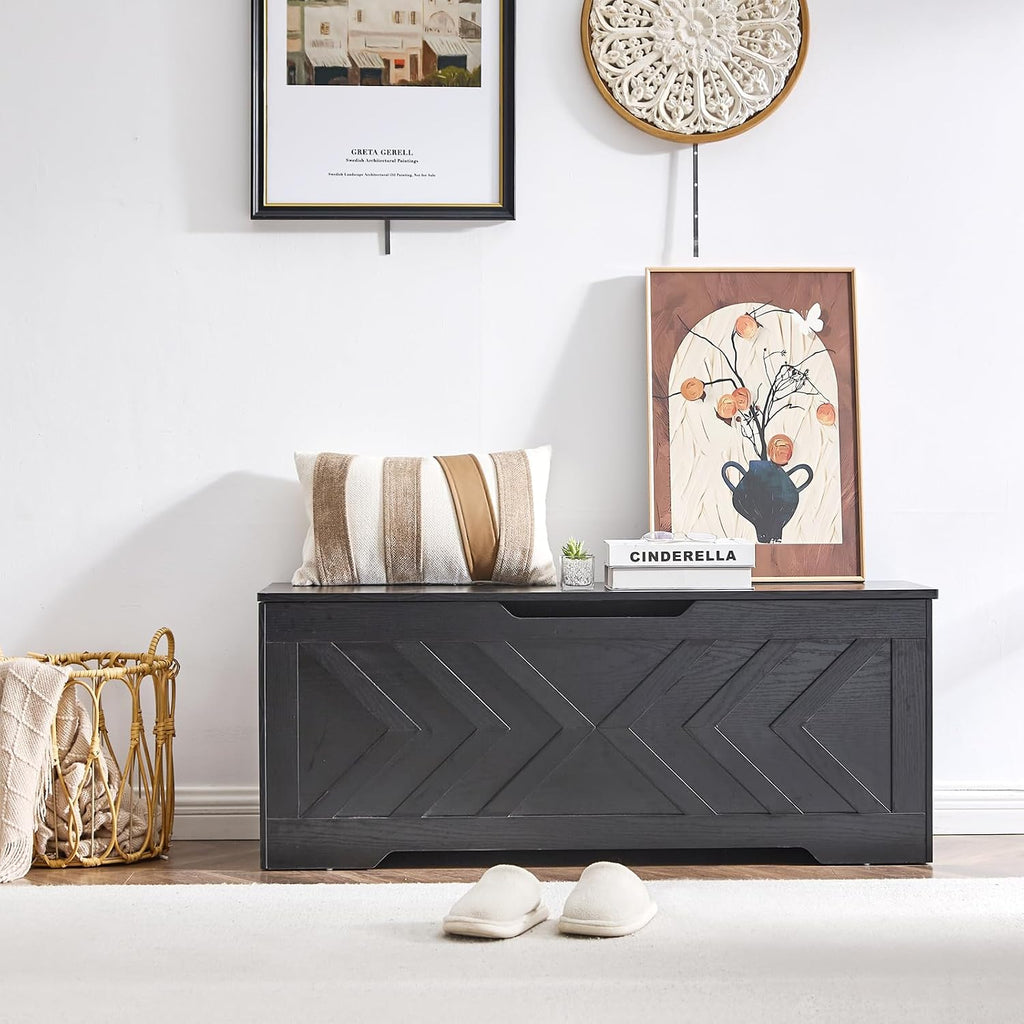 47.2” Storage Bench,Extra Large Wooden Storage Chest with 2 Safety Hinges,entryway Bench,Blanket Storage,Shoe Storage Bench for Entryway,Bedroom,Living Room,Easy Assembly-Black