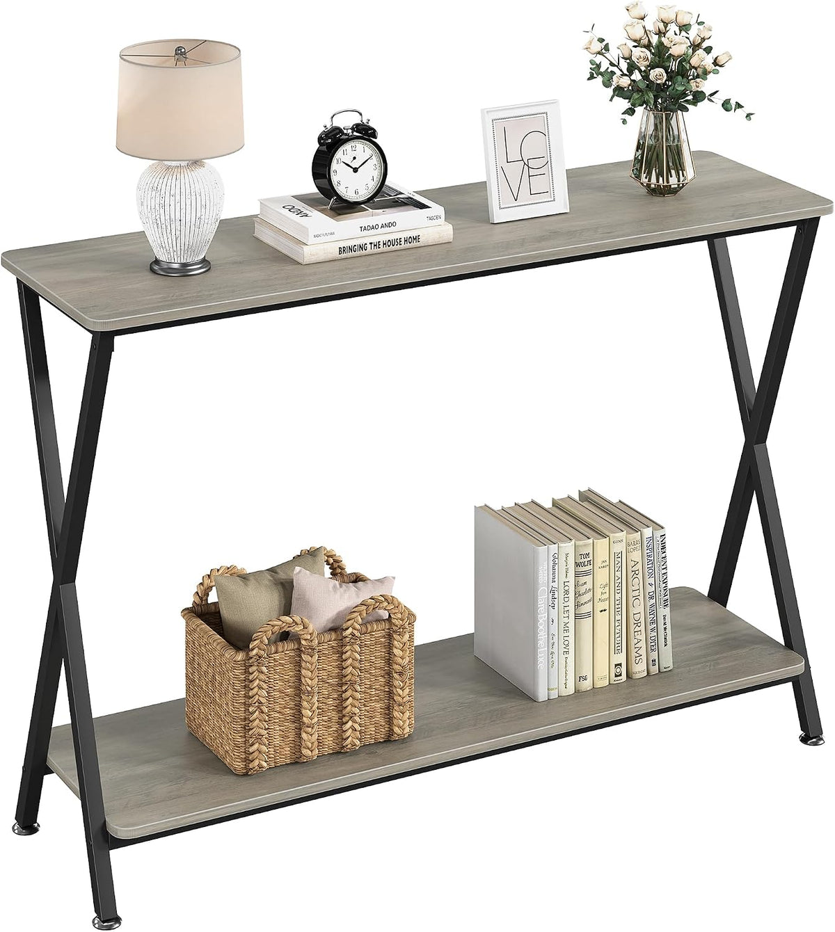 41.3” Narrow Console Table with 2-Tier Open Shelves, Farmhouse Sofa Table for Entryway, Hallway or Living Room, Space-Saving Storage Table for Behind Couch,Gray