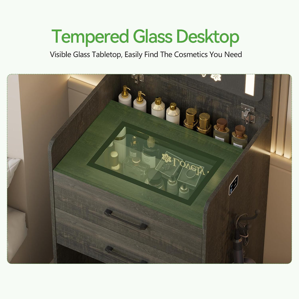 HNEBC 3 in 1 Vanity Desk with Plip Top LED Mirror for Bedroom,Rustic Oaky | Small Dressing Table with Visible Glass Desktop,Compact Vanity with 3 Drawers,Storage Compartment and Padded Stool