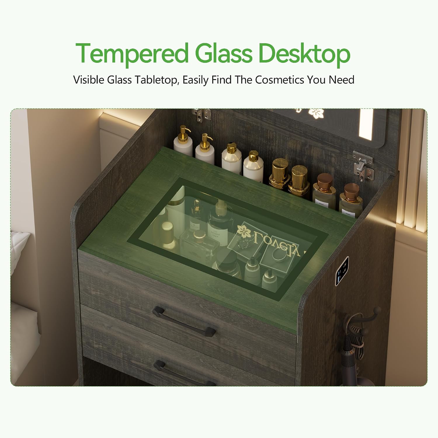 HNEBC 3 in 1 Vanity Desk with Plip Top LED Mirror for Bedroom,Rustic Oaky | Small Dressing Table with Visible Glass Desktop,Compact Vanity with 3 Drawers,Storage Compartment and Padded Stool