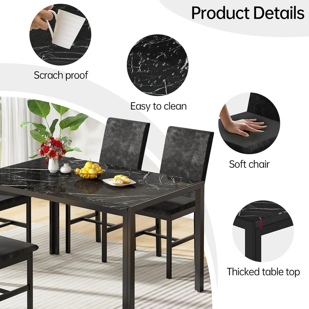 AWQM Products 5-Piece Marble Dining Set, Modern Kitchen Table and Chairs for Dining Room, Compact Space Saving Furniture, Dinette, 4 Upholstered Velvet Chairs - Black