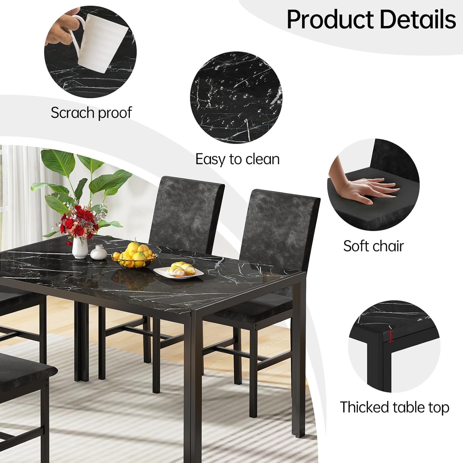 AWQM Products 5-Piece Marble Dining Set, Modern Kitchen Table and Chairs for Dining Room, Compact Space Saving Furniture, Dinette, 4 Upholstered Velvet Chairs - Black