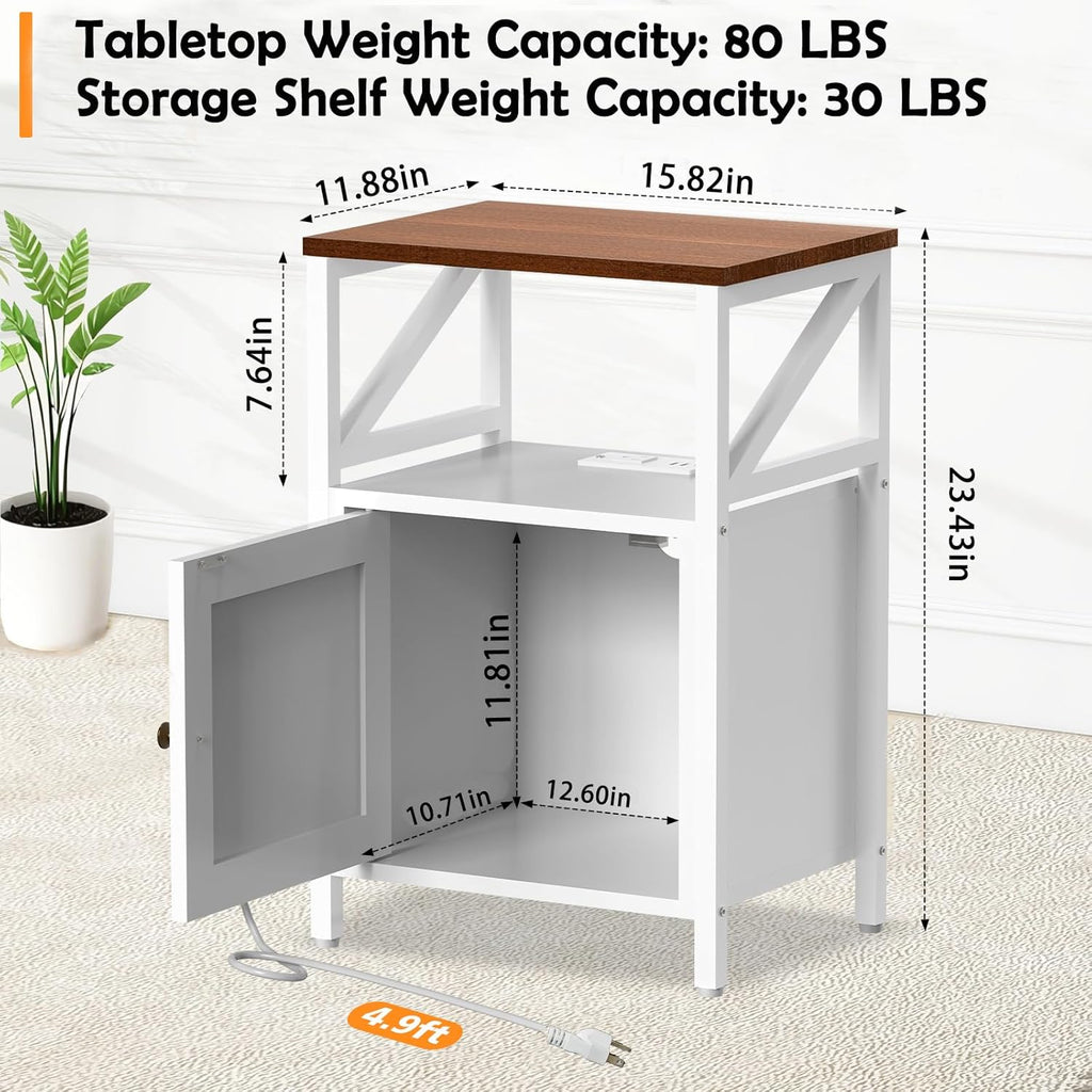 Farmhouse Side Table with Charging Station -3-Tier USB Ports & Outlets End Table, Compact Bedside Storage Table for Small Spaces, Multi-Functional Accent Table for Bedroom, Living Room, Couch Entryway