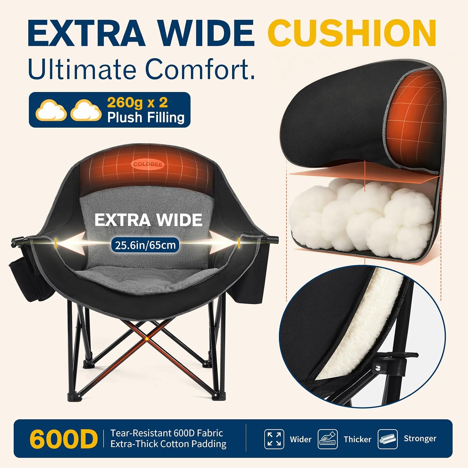 Coldbee Oversized Camping Chairs for Adults - Heavy Duty Padded Folding Lawn Chairs with Cup Holders & Cooler Bag, Comfy Outdoor Chair for Picnic, Beach, Fishing (Black)