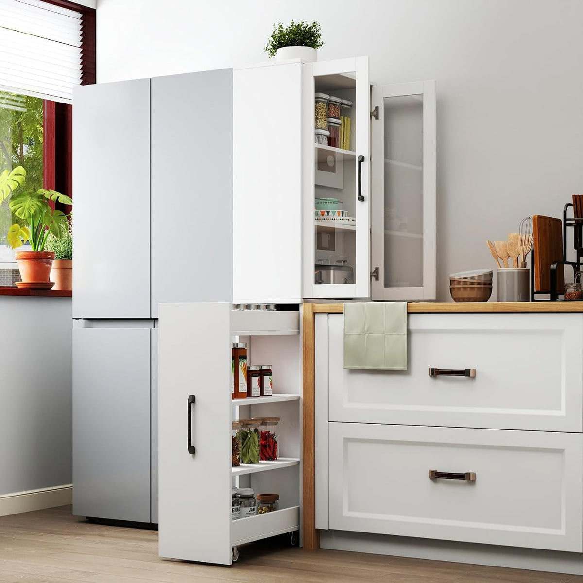KEIKI 70.87" H Kitchen Pantry Storage Cabinet with Pull-Out Shelf, Glass Doors, Tall Modern Wooden Display Cabinet, Bookshelf, Bookcase, Food Pantries for Dining Room, Living Room Home Office, White