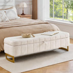 63" Storage Ottoman Bench, End of Bed Ottoman with Storage, Large Ottomans for Foot of Bed with Gold Legs and Removable Pillows for Entryway, Living Room, Teddy Cream White
