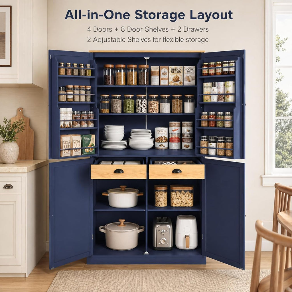 Kitchen Pantry Cabinet, 40.2" W x 20" D x 71.3" H Large Freestanding Pantry Storage Cabinet with 4 Doors, 2 Drawers, 8 Door Shelves, 2 Adjustable Shelves, Farmhouse Kitchen Cupboard (Blue)