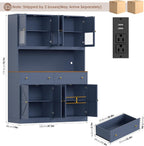 FINETONES 71" Pantry Cabinet with LED Light and Charging Station | Farmhouse Kitchen Pantry Cabinet with Microwave Stand, 47.2" Wide Kitchen Hutch Food Pantry with Open Countertop, Blue